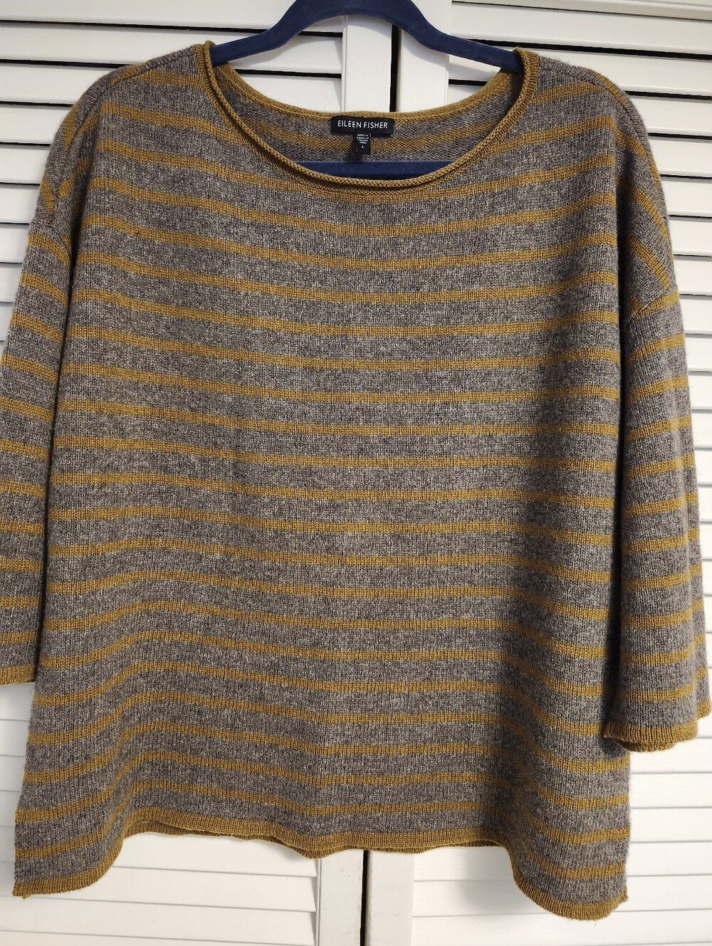 Eileen Fisher Gray and Mustard Striped Scoopneck Sweater New No Tag